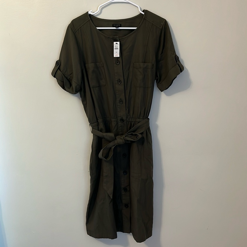 Talbots Olive Green Button Down Short Sleeve Belted Shirt Dress Size 14 NWT